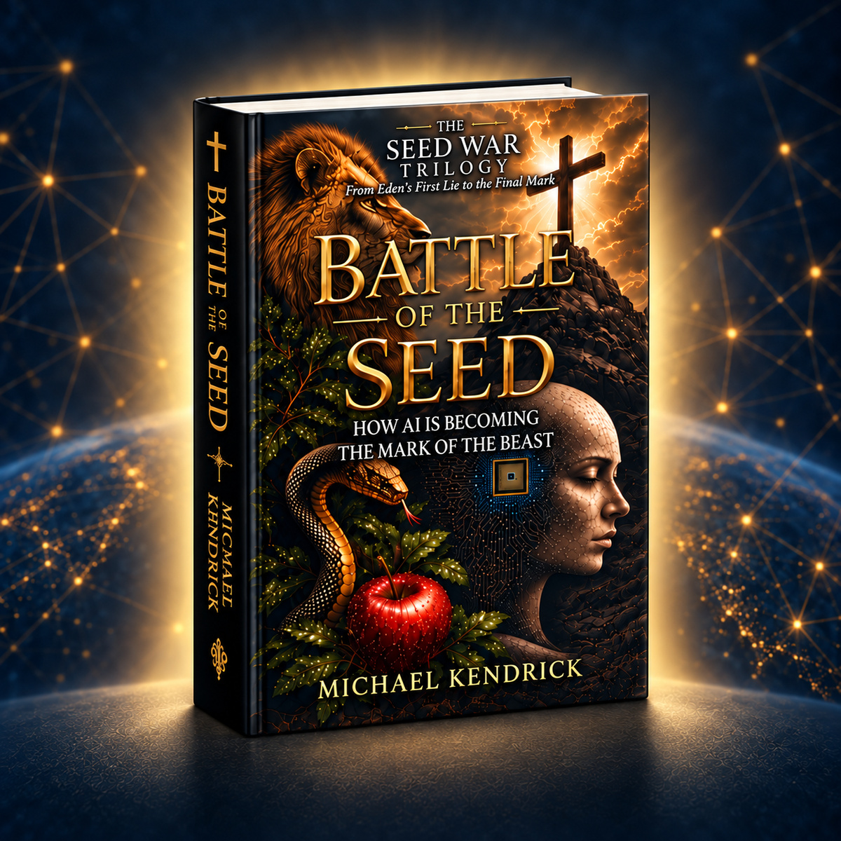 A three-dimensional Battle of the Seed book surrounded by gold light and a digital globe