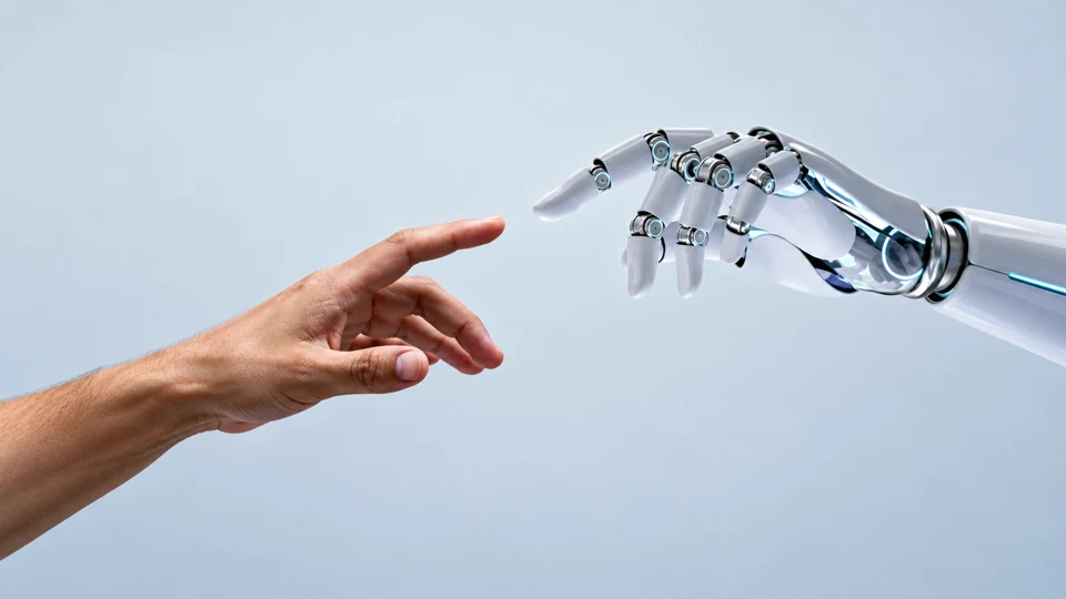 A human hand reaching toward a robotic hand, from The Seed War Trilogy website