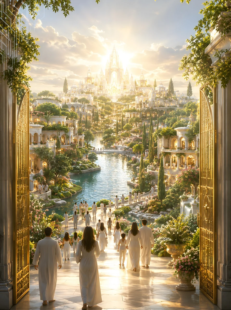 An artistic vision of the New Jerusalem, with the luminous city centered beyond a river and gardens