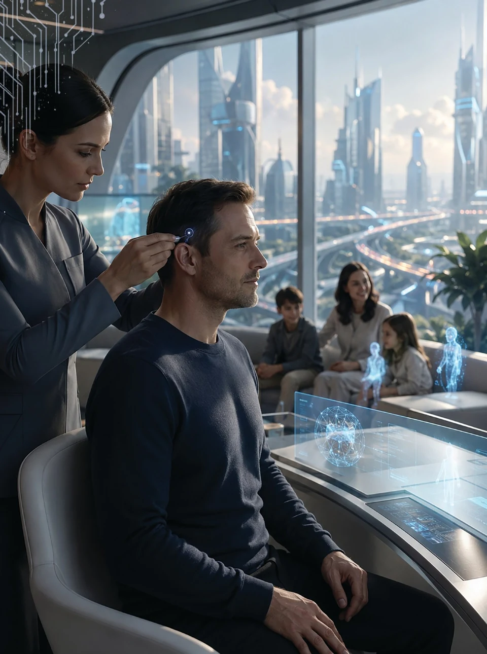 An imagined future scene with a family and personal technology