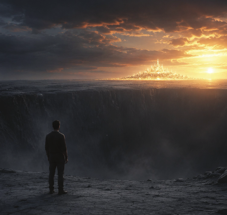 A solitary man stands at the edge of a great dark gulf, looking toward a radiant city