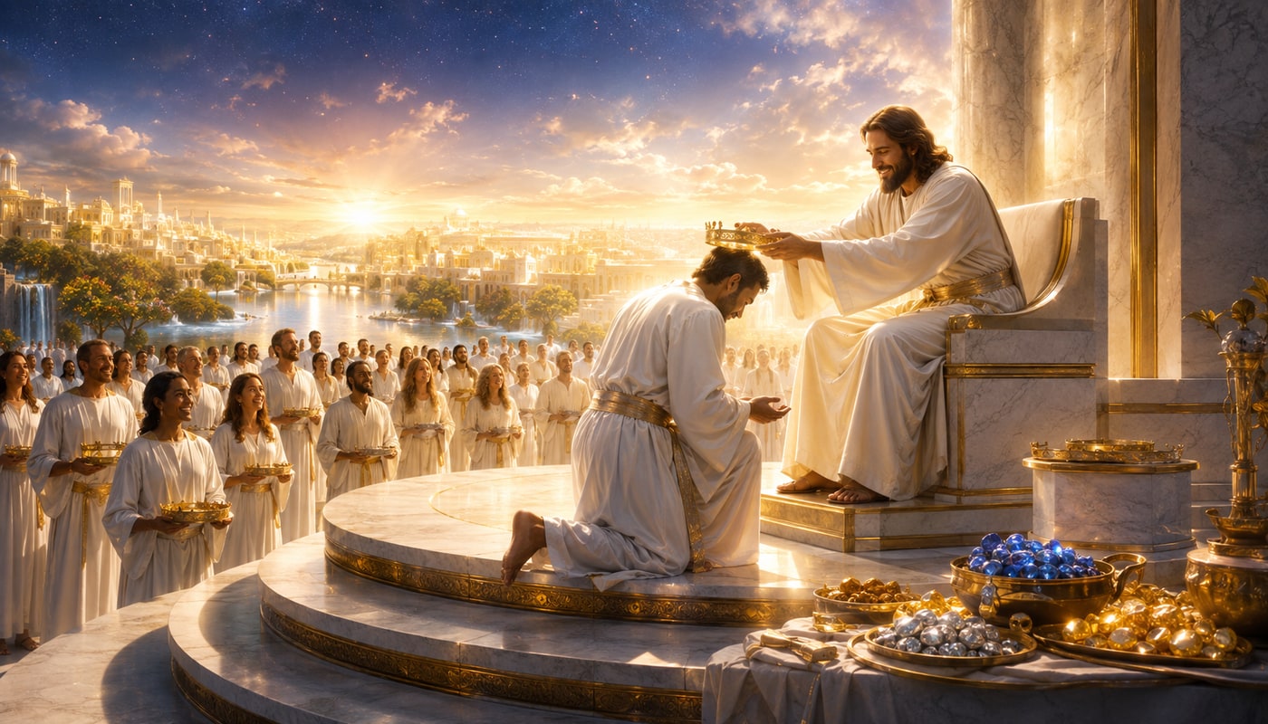 A radiant artistic vision of believers receiving crowns before the judgment seat of Christ