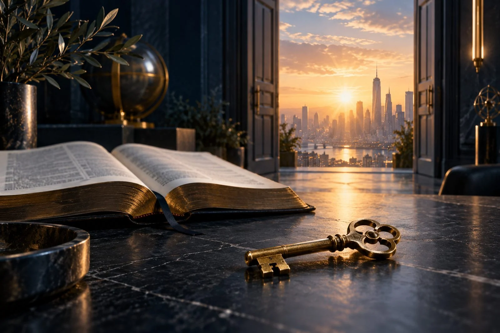 Conceptual illustration of Scripture and the key Christ keeps.