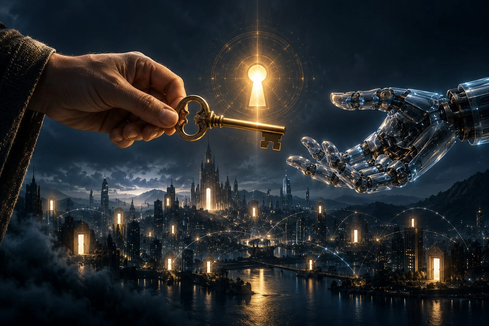 Conceptual illustration of a person handing keys to a machine.