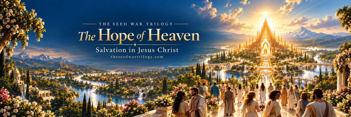 The Hope of Heaven — Salvation in Jesus Christ. The Seed War Trilogy, theseedwartrilogy.com. Artistic illustration of a luminous golden city beside rivers and gardens.