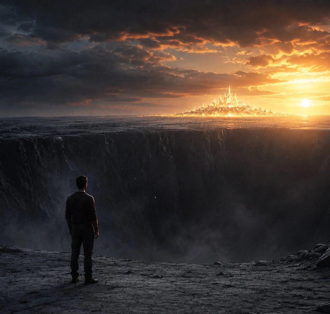 A literary depiction of Apousia: a lone man faces a deep chasm, with a luminous city beyond his reach.