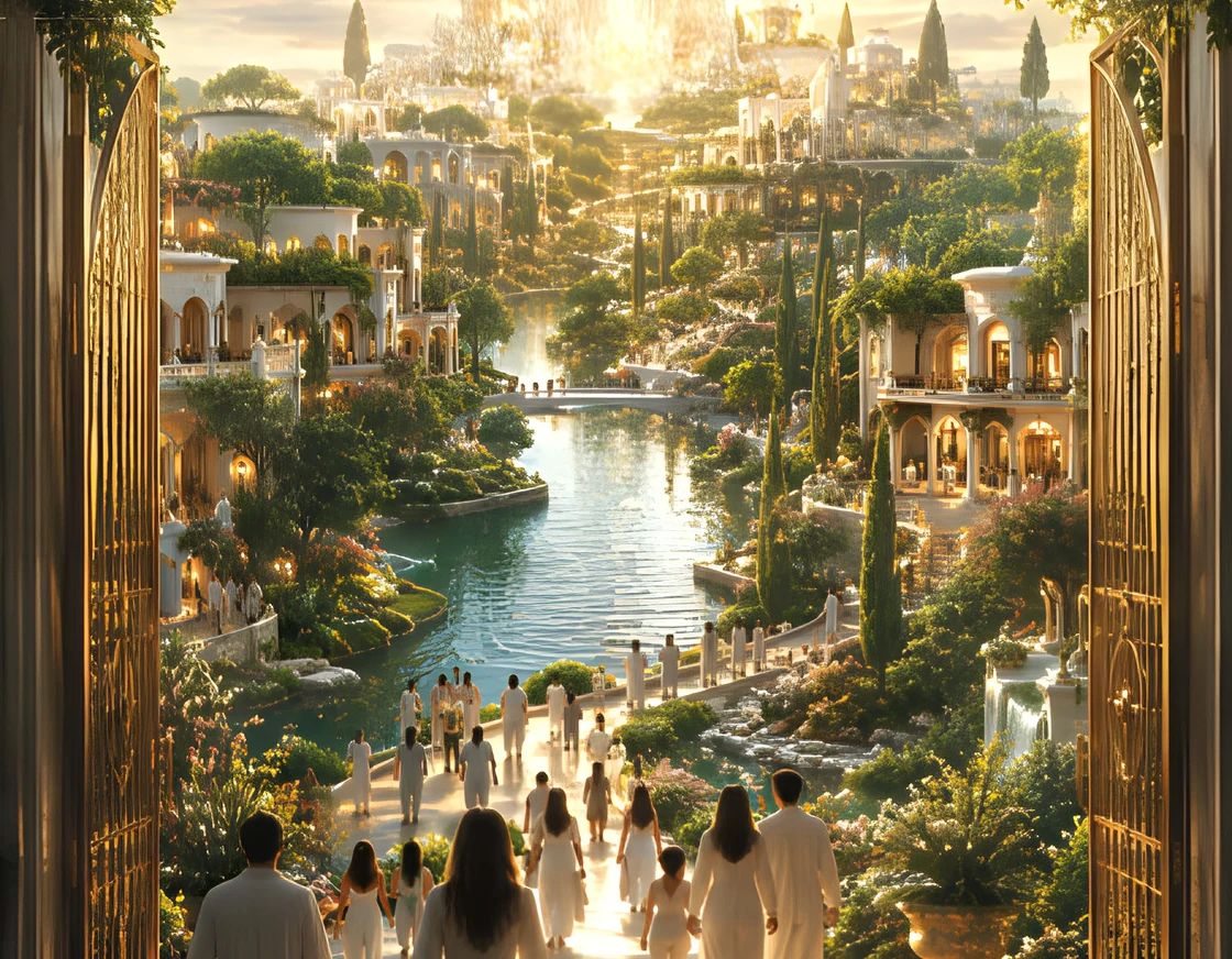 People walk through open golden gates toward a radiant city with gardens and a flowing river.