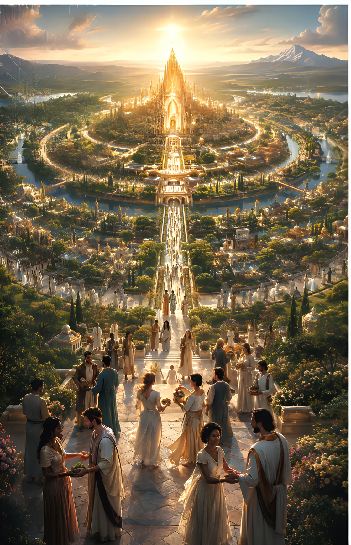 The full artistic view of New Jerusalem, showing its radiant central tower, surrounding waterways and gardens, and the people approaching along the avenue.
