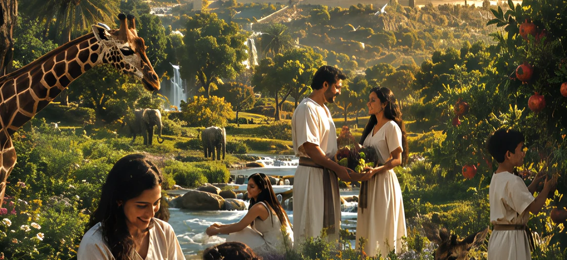 People gather beside flowing water amid abundant greenery and animals in an imagined renewed creation.
