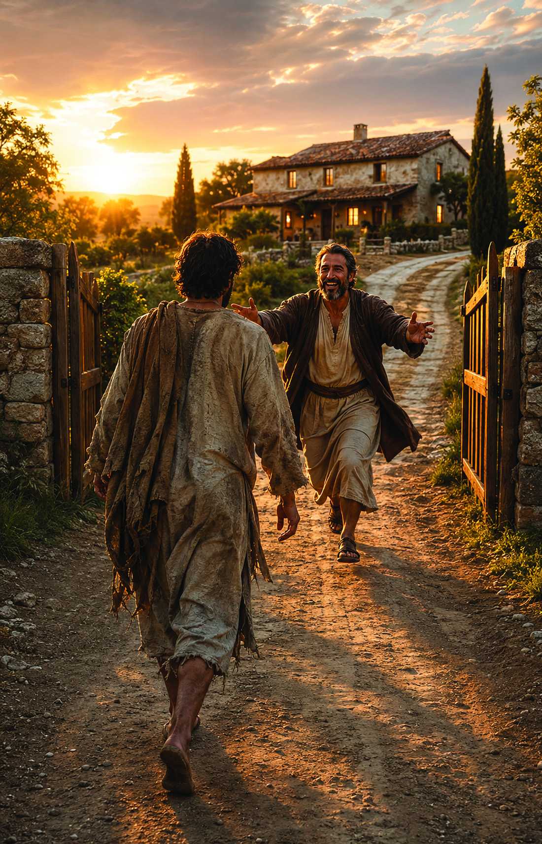 A father running down a sunlit road to welcome his returning son