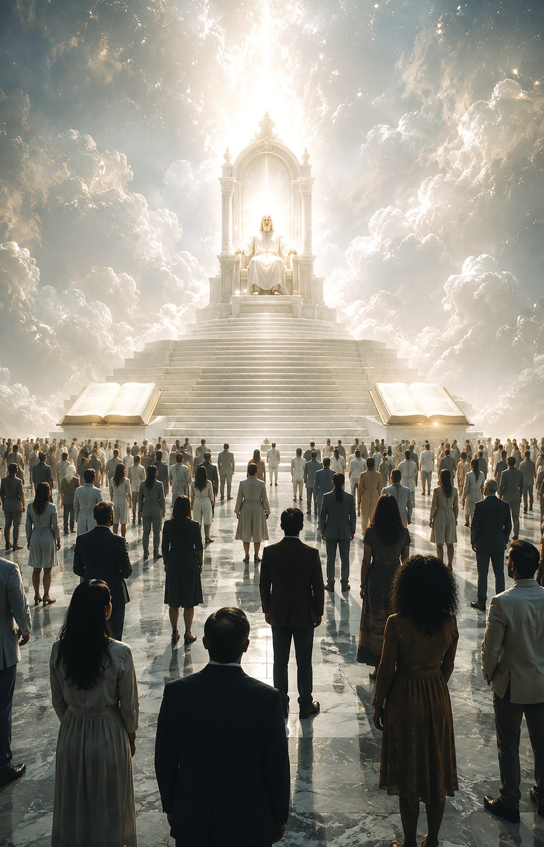 A multitude standing before a brilliant white throne and open books
