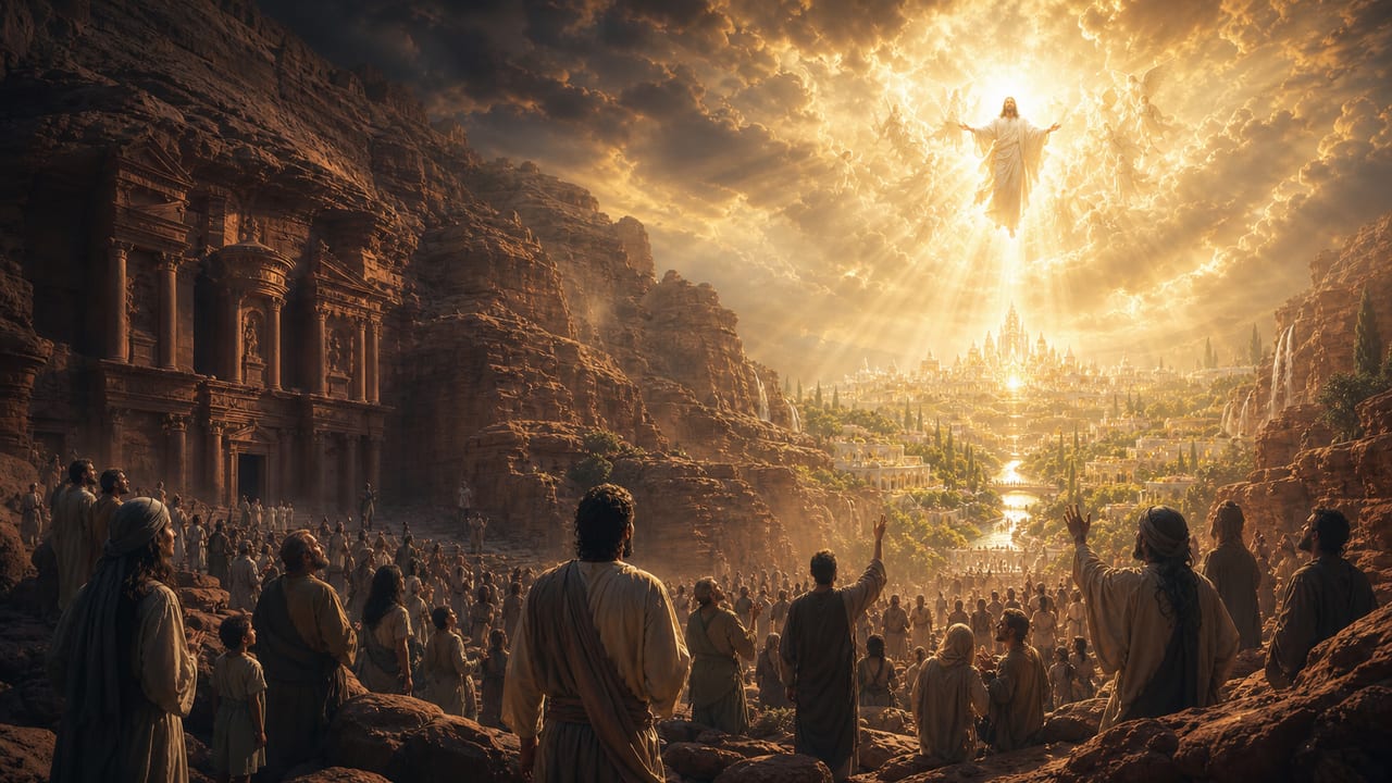 Artistic depiction of the returning Christ above a sandstone canyon as a gathered crowd looks upward