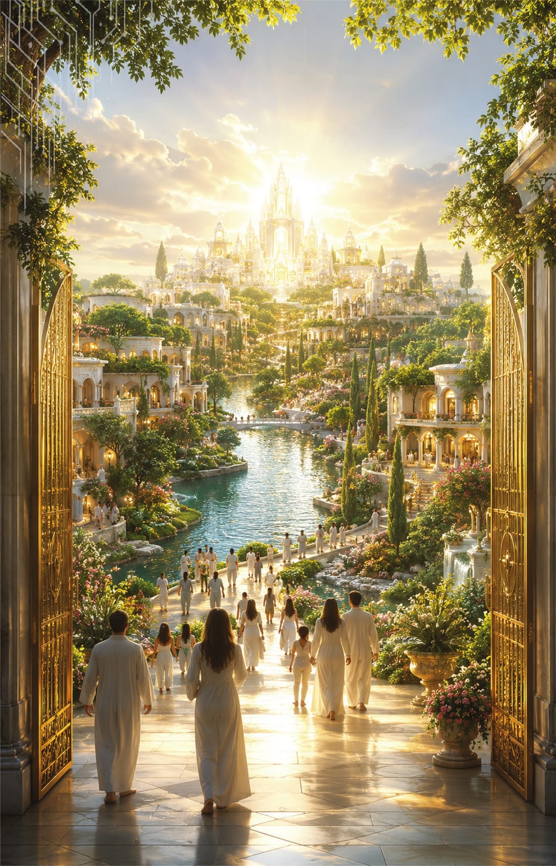 Artistic visualization of people entering a radiant garden-city through open gates beside a river, representing New Jerusalem and the new earth