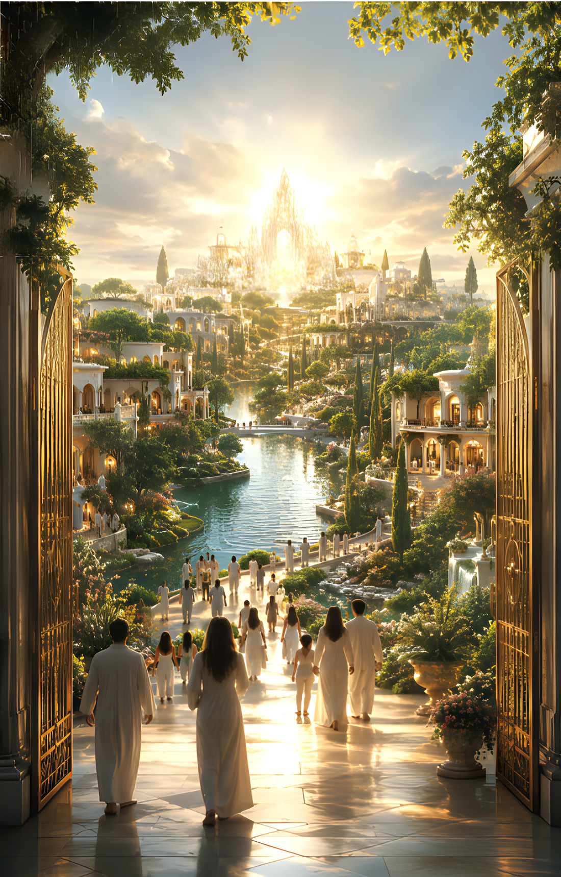 People entering a radiant garden-city through open golden gates beside a river