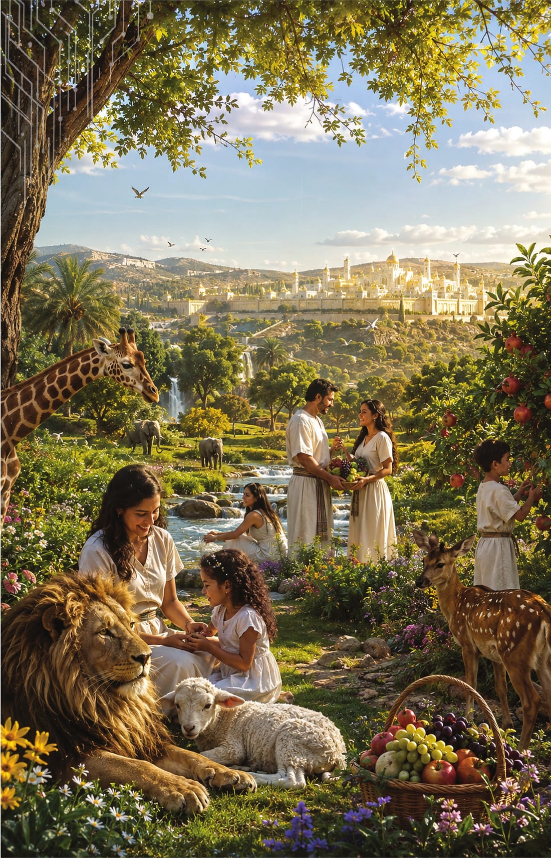 Artistic premillennial visualization of families, children, and peaceful animals in a flourishing restored landscape