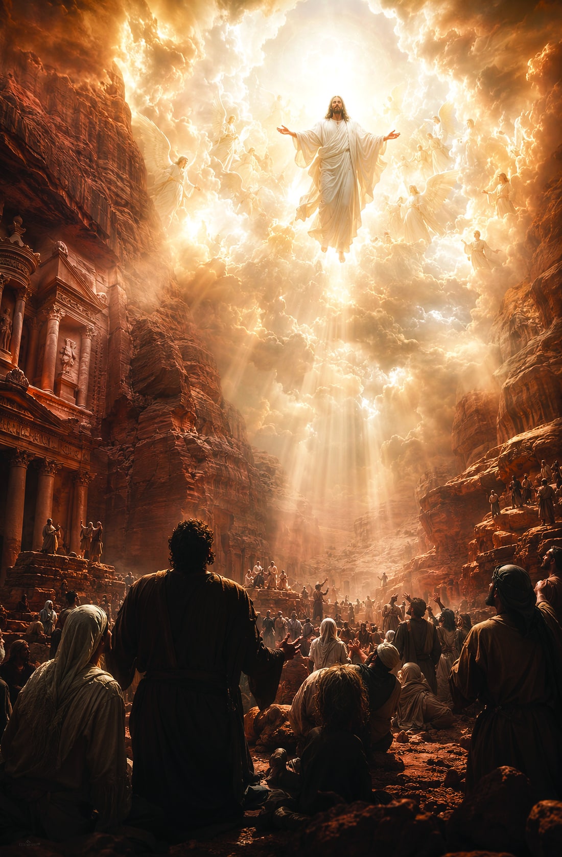 A vast crowd in a sandstone canyon looking toward the radiant appearing of Christ