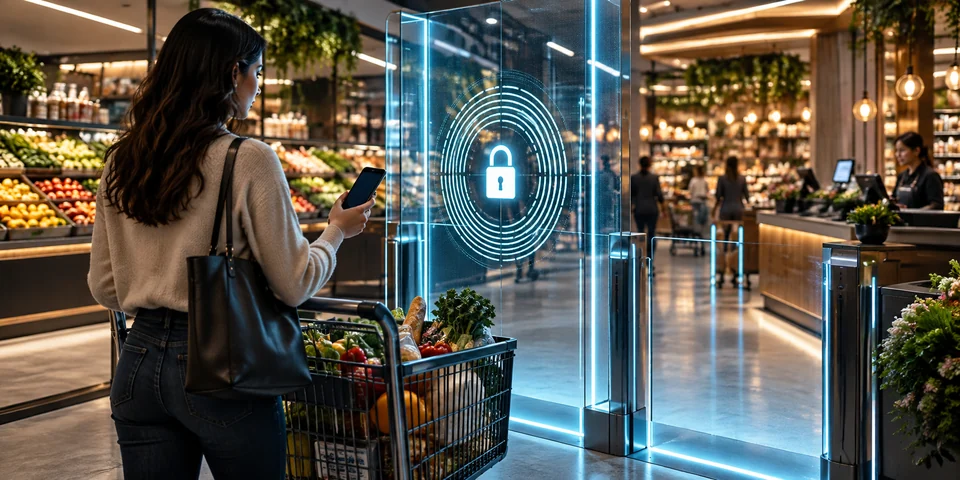 Conceptual illustration of a shopper and a glowing identity gate at a contemporary grocery checkout.