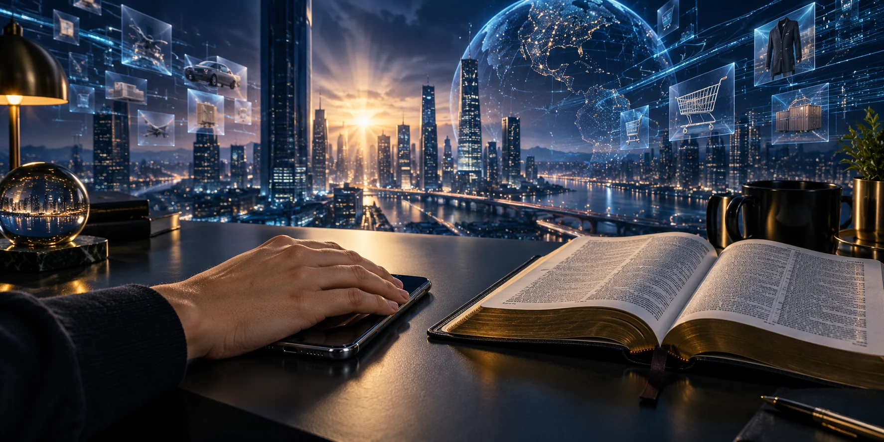 Conceptual illustration of a hand setting aside a phone beside an open Bible, with a connected modern city beyond.