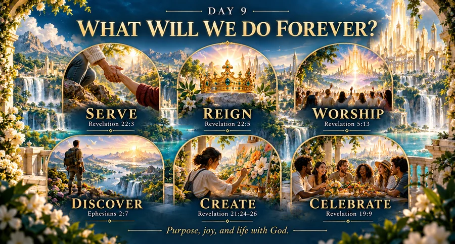 Conceptual illustration: Six things Scripture says God’s people will do forever.