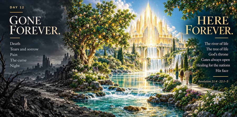 Conceptual illustration: What Revelation 21–22 says is gone — and what is here to stay.