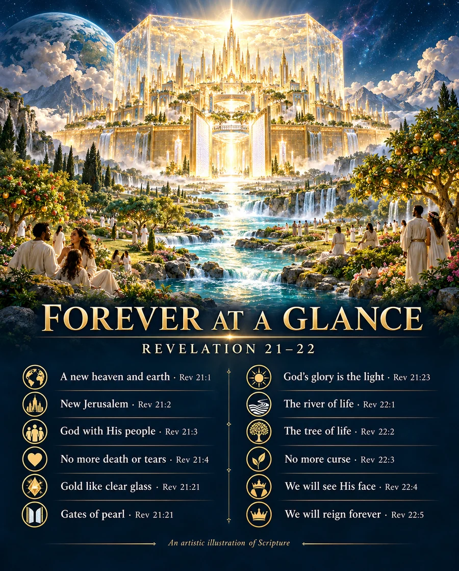 Conceptual illustration: An artist’s diagram of Revelation 21–22. The details are imagination; the promises are Scripture.