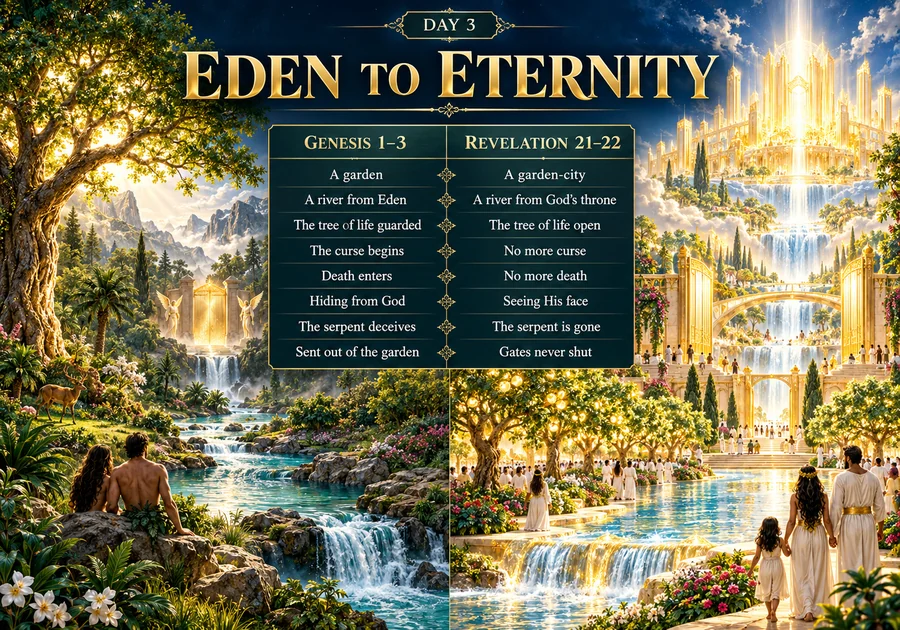 Conceptual illustration: Genesis 1–3 and Revelation 21–22: the Bible’s opening and closing scenes mirror each other.