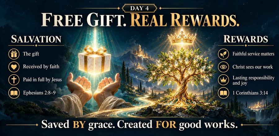 Conceptual illustration: Salvation is the gift. Rewards are the investment.