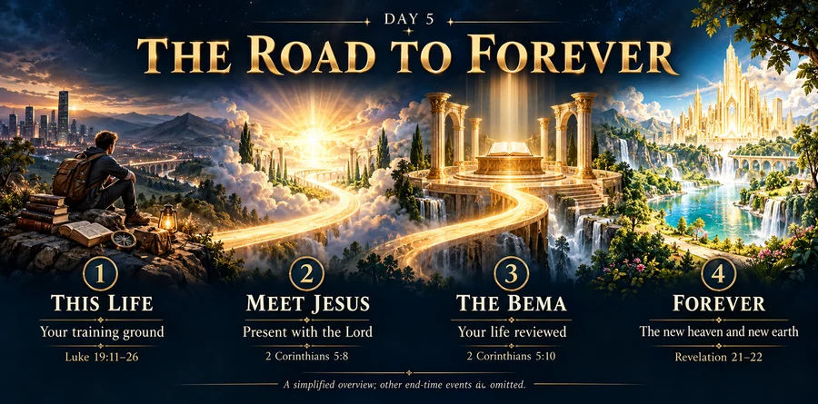 Conceptual illustration: The Bema comes after Jesus gathers His people to Himself, and before we step into forever.