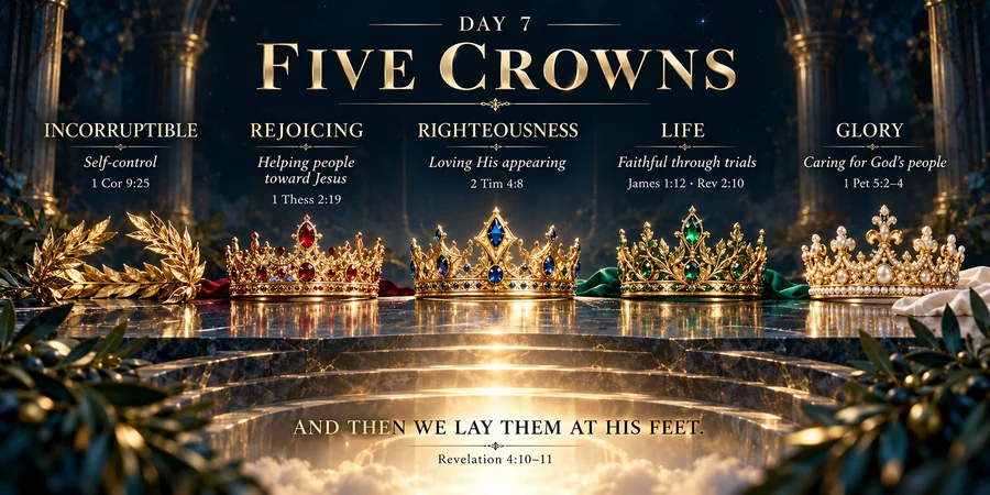 Conceptual illustration: Five crowns named in the New Testament. Not one of them requires fame, talent, or money.