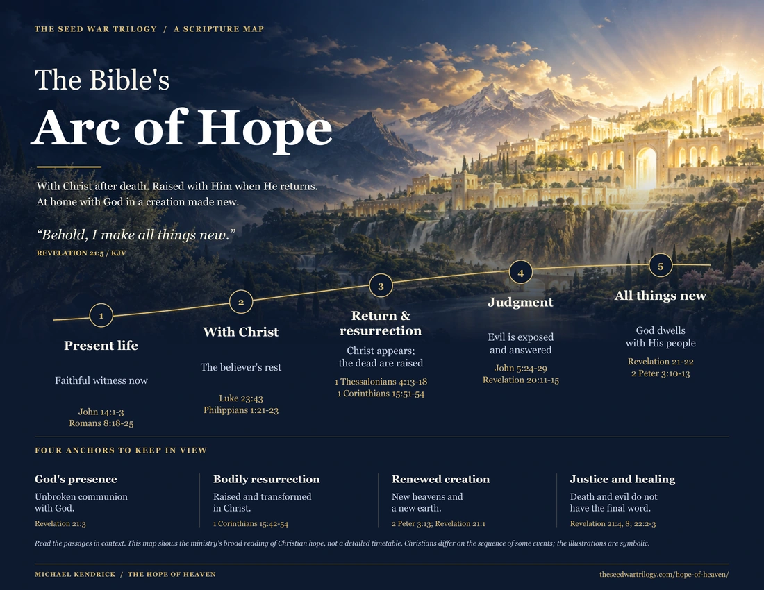 The Bible’s Arc of Hope: present life, with Christ, return and resurrection, judgment, and all things new, set before a luminous city and river.