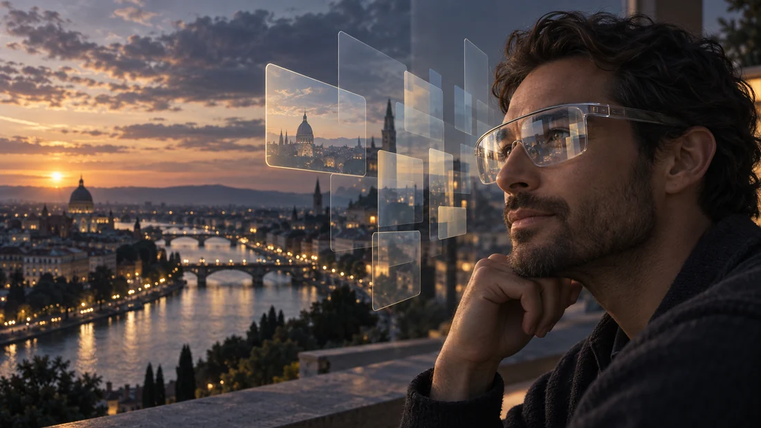 A thoughtful man wearing transparent glasses looks over a city, with abstract interface panes layered across his view.