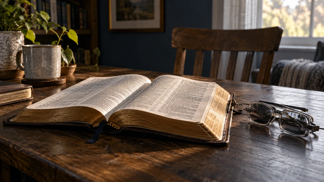 An open Bible and folded smart glasses rest on a wooden table in natural morning light.