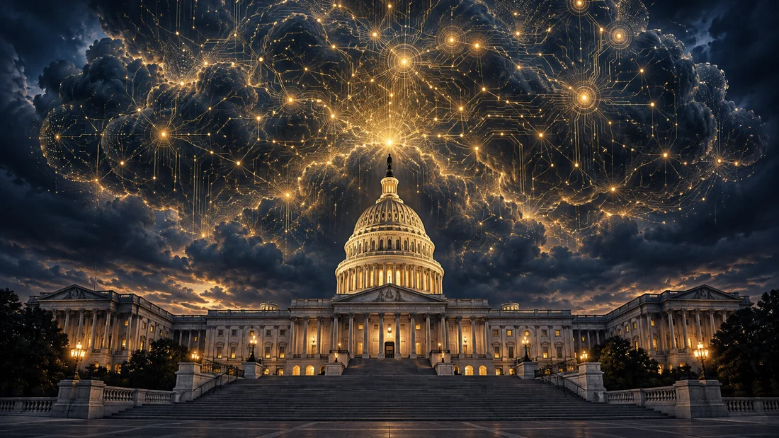 Conceptual illustration of the illuminated U.S. Capitol beneath a vast, stormlike network of golden AI circuitry.