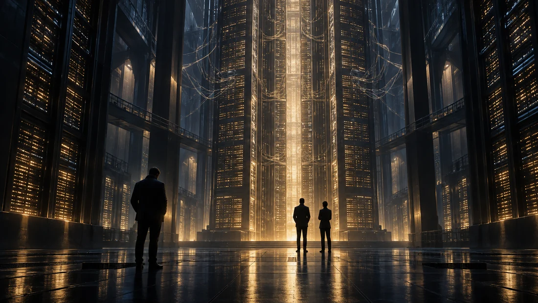 Three anonymous figures face a vast gold-lit computing hall; a conceptual illustration of human oversight and AI.
