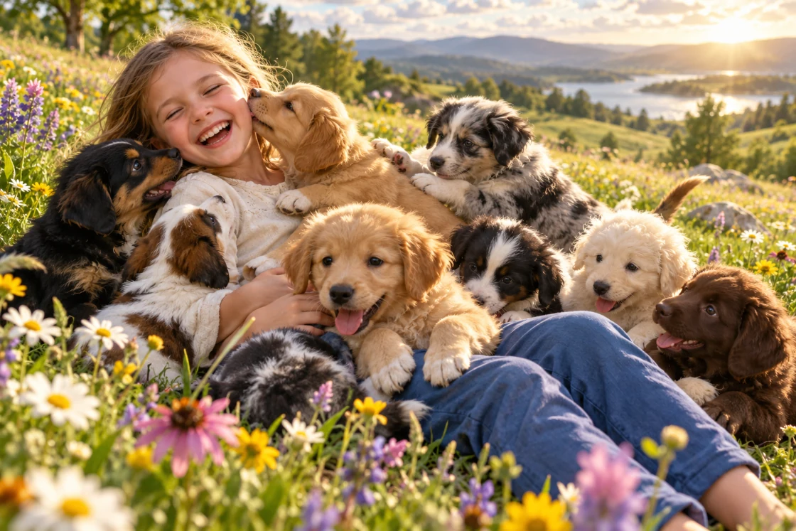 A laughing child surrounded by playful puppies in a meadow of flowers.