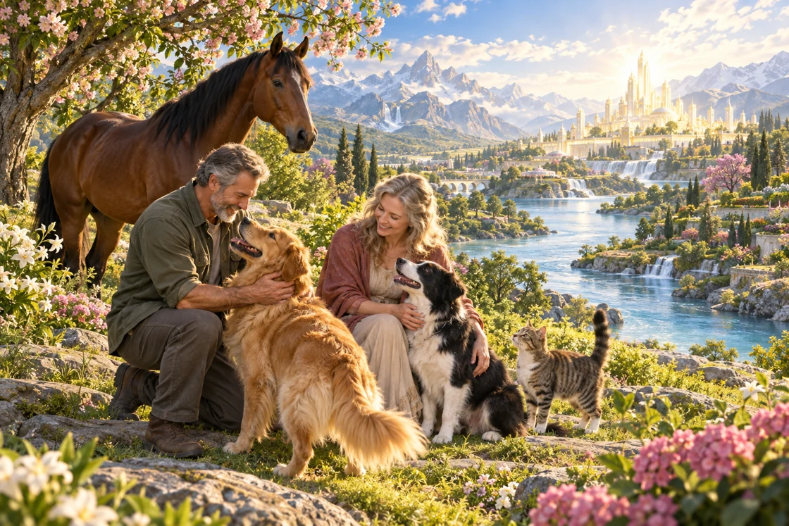 Conceptual artwork: a couple with their dogs, a cat and a horse beside a radiant garden city.