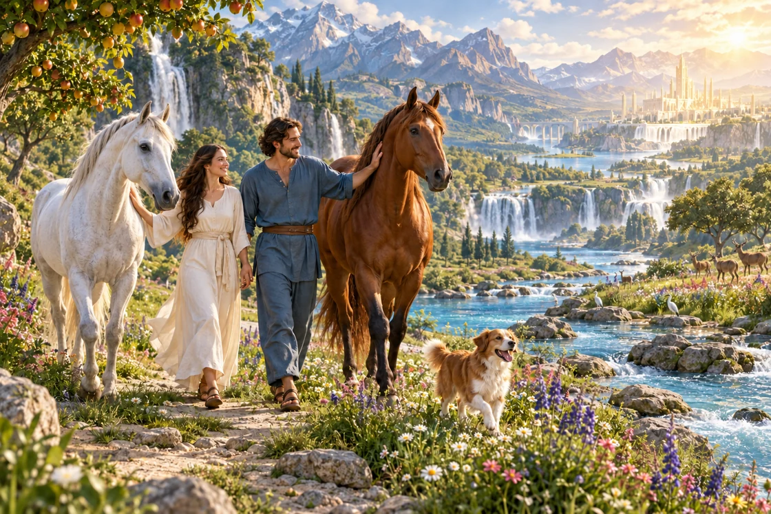 Conceptual illustration: a couple walking with two horses without bridles and a dog beside the river in renewed creation.
