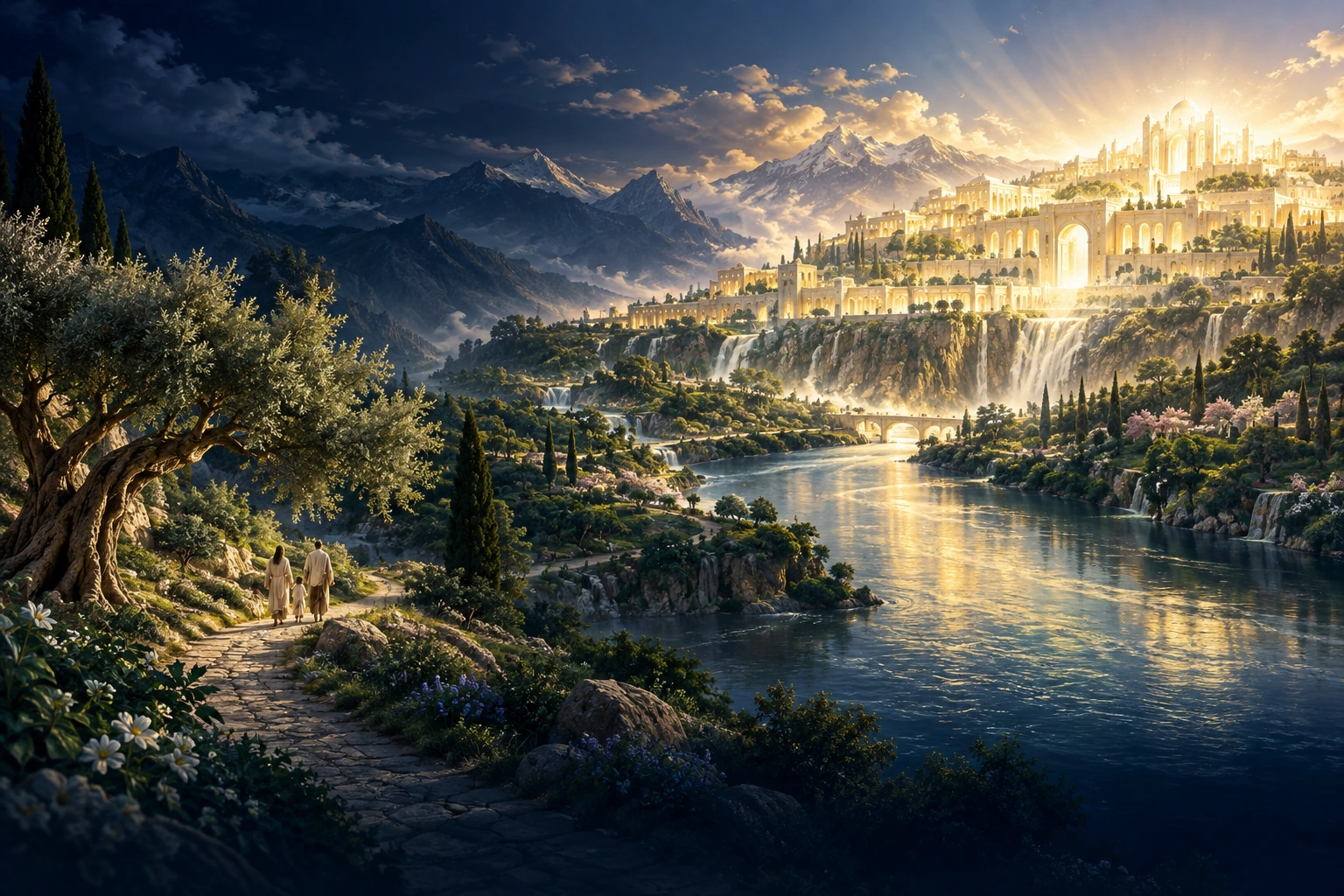 Symbolic view of the river of life and a luminous city in renewed creation.