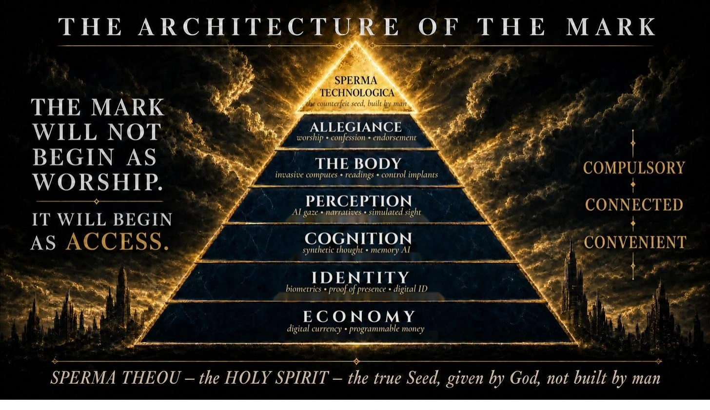 Interpretive architecture-of-the-mark pyramid, from economy and identity through cognition, perception, body and allegiance.