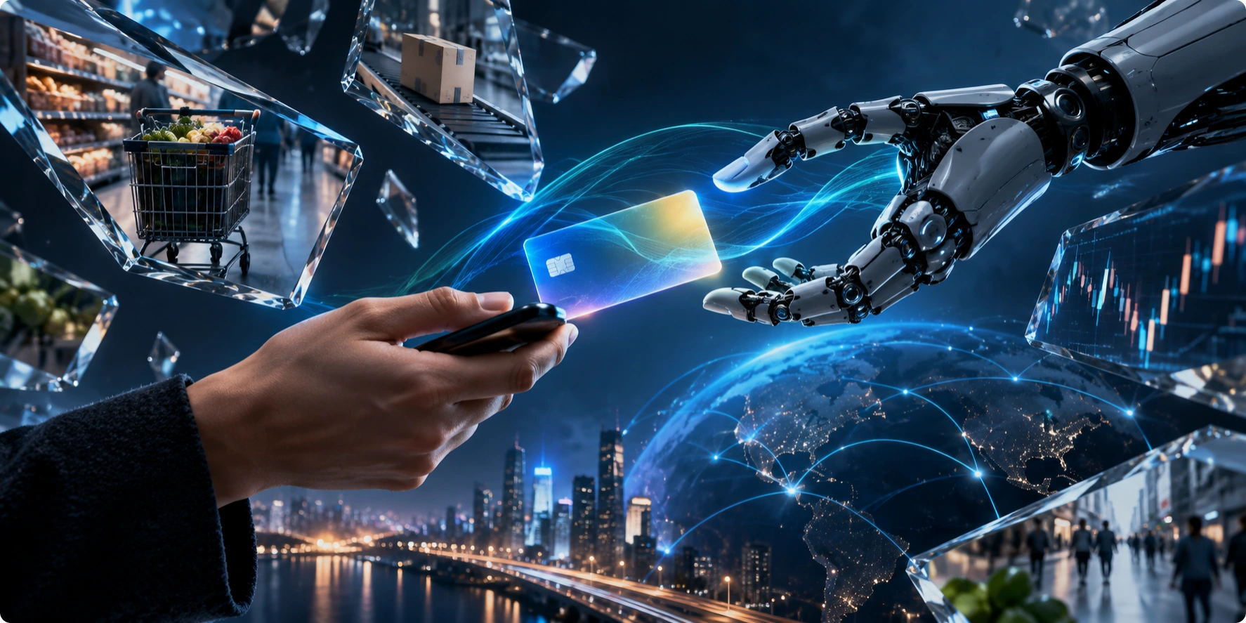 Conceptual illustration of a person handing a payment card to a robotic hand.