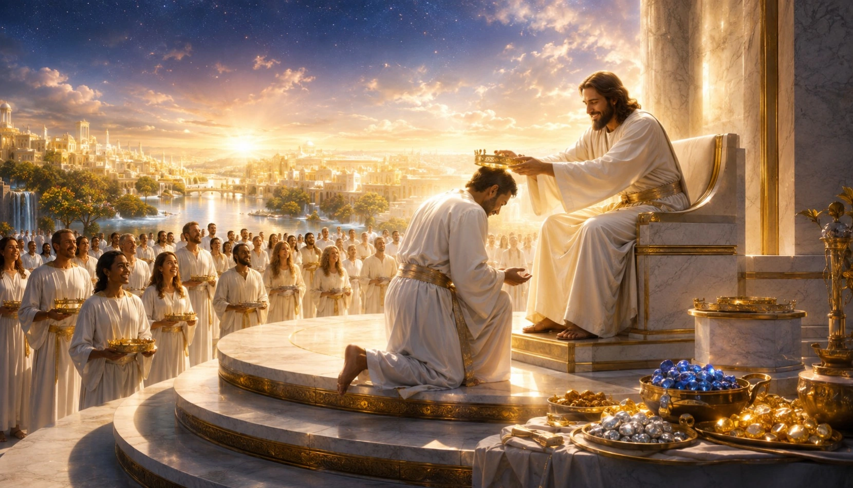 Symbolic illustration of Christ honoring a kneeling believer before a gathered multitude.