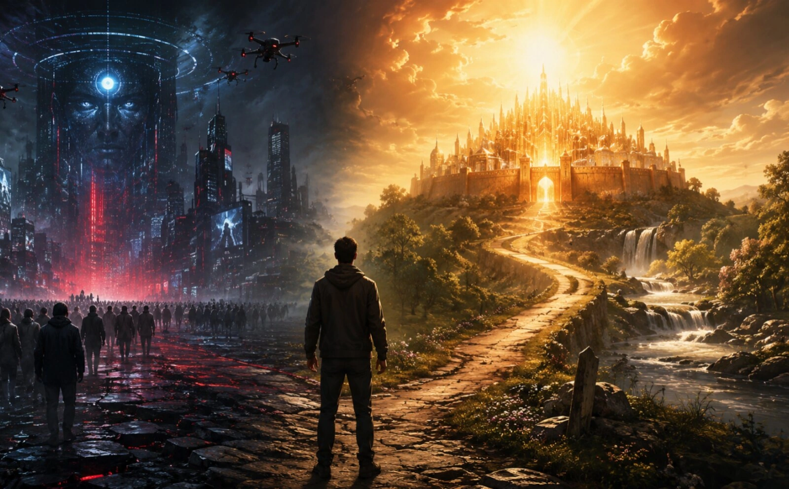 Conceptual illustration contrasting a dark technological city with a luminous city and a road home.