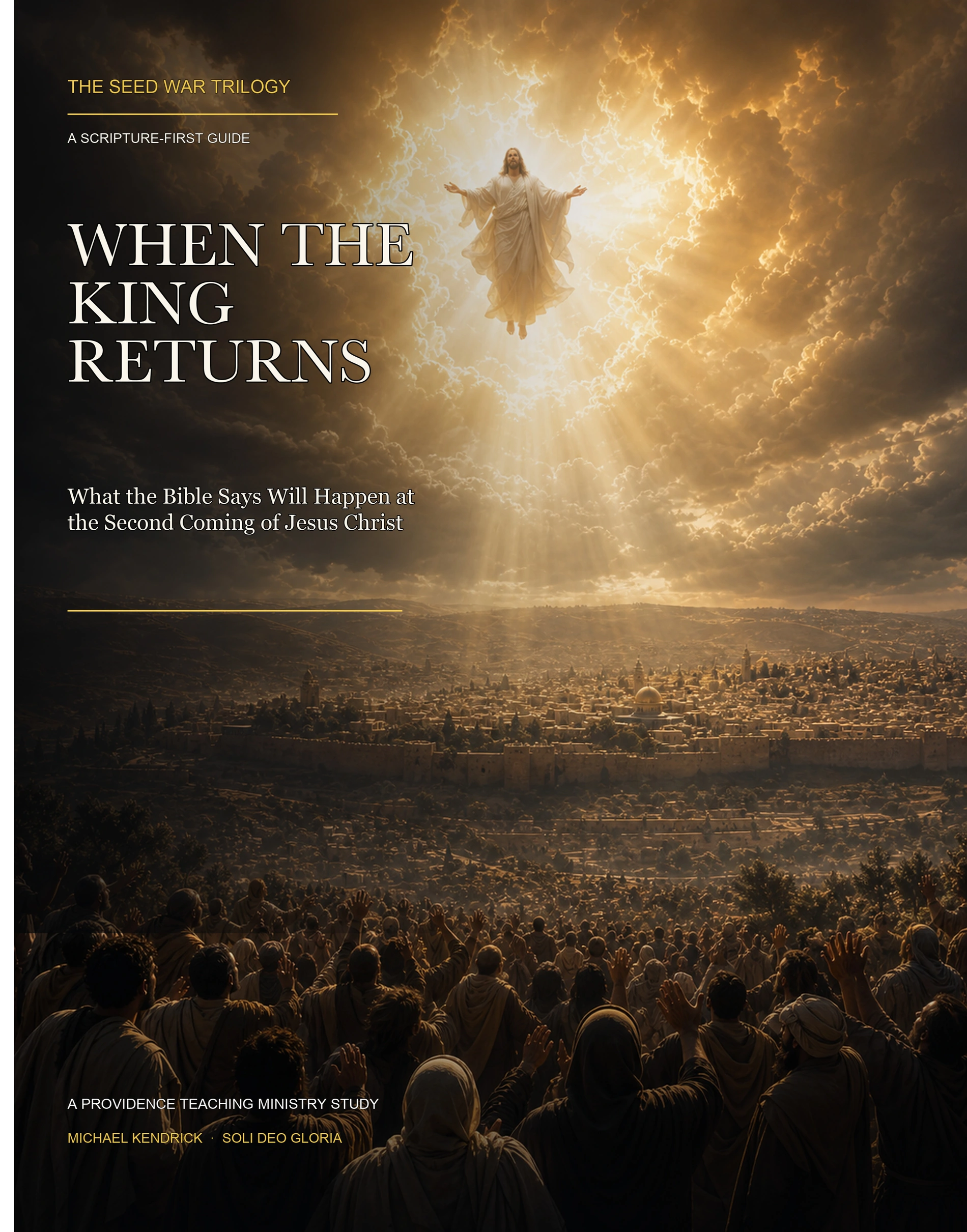 When the King Returns cover: a symbolic view of Christ appearing above a gathered crowd.