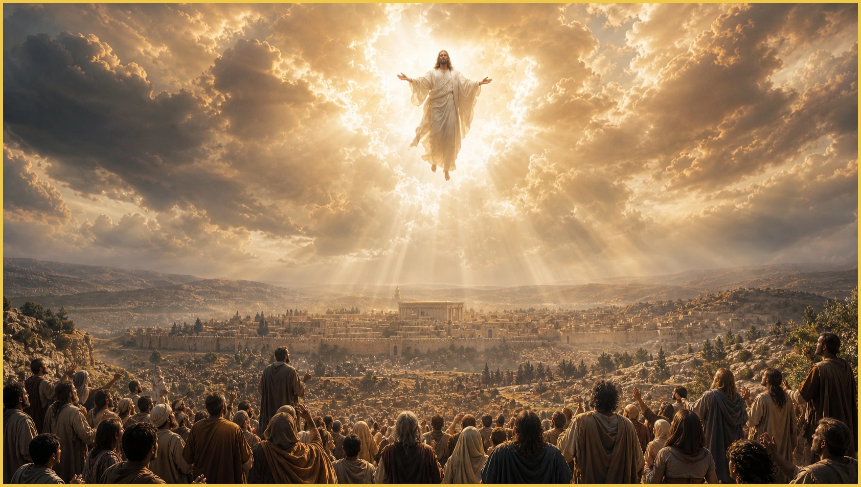 Symbolic illustration of Christ appearing in glory above a gathered crowd.