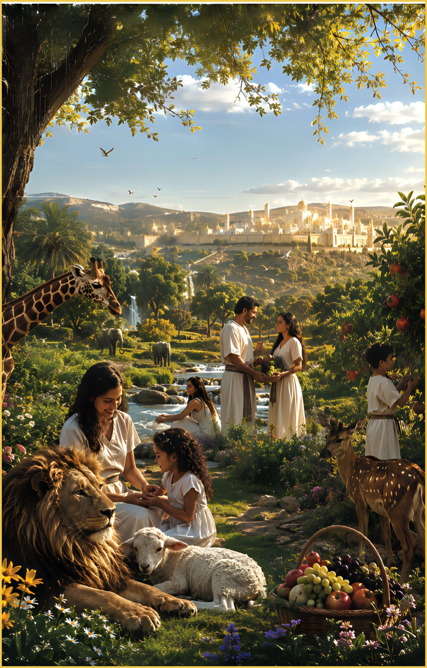 Imagined scene of people, fruit trees and animals in renewed creation.