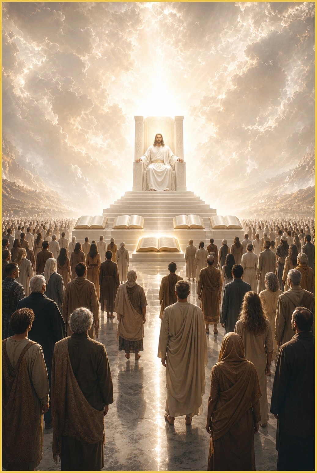Symbolic illustration of people before a radiant throne and opened books.
