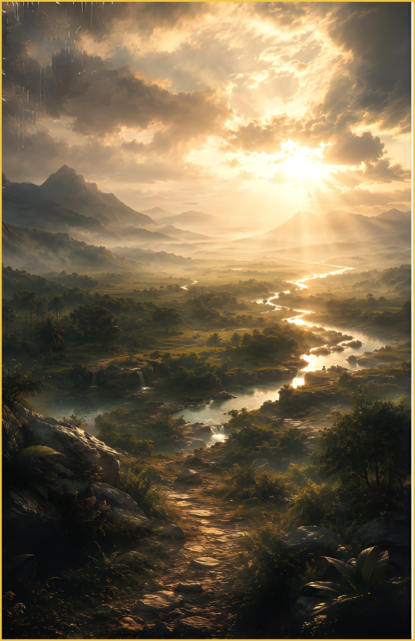 Conceptual illustration of a river crossing an expansive landscape at sunrise.