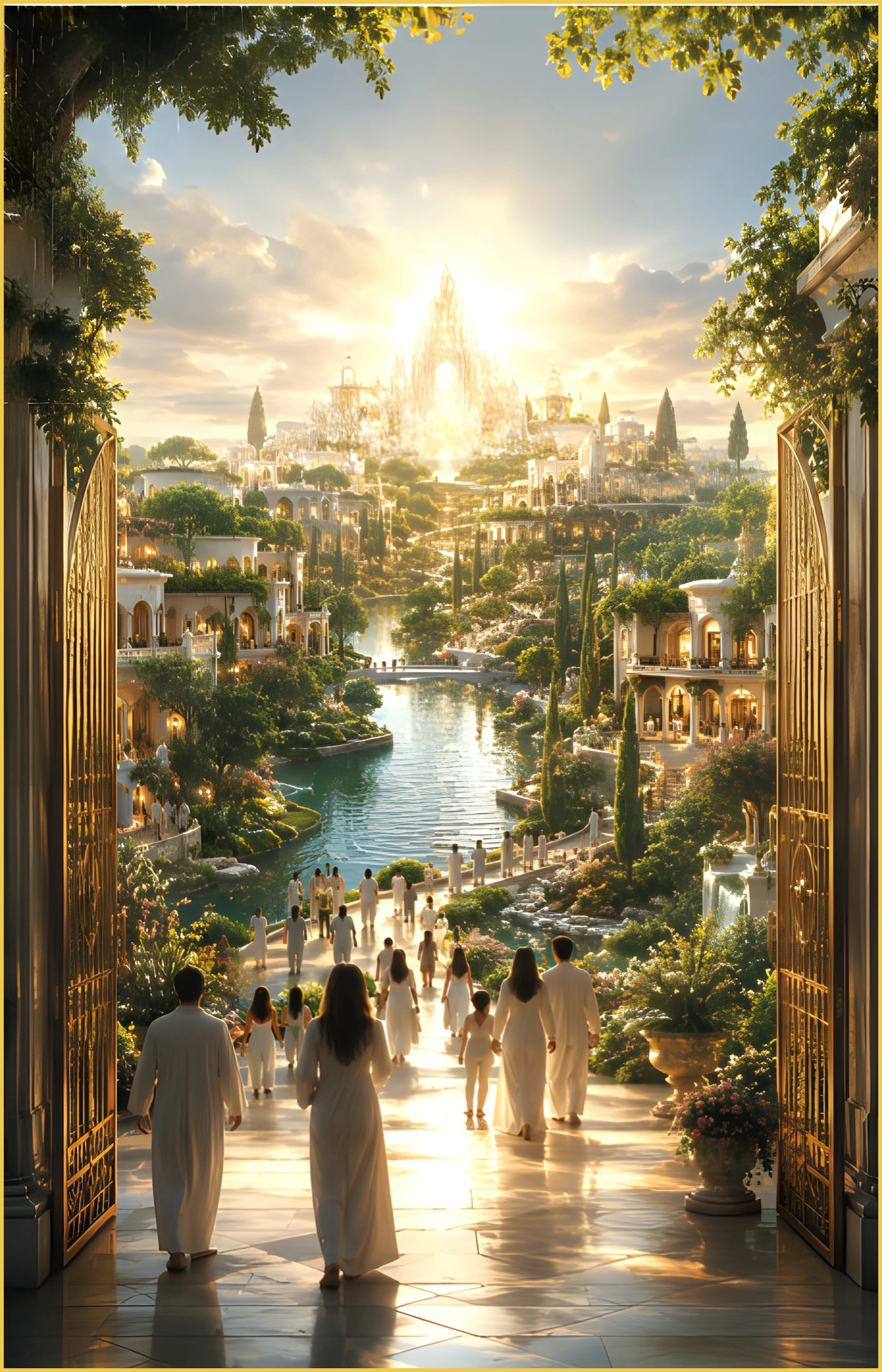 Symbolic view through the city’s open gates toward the river of life.