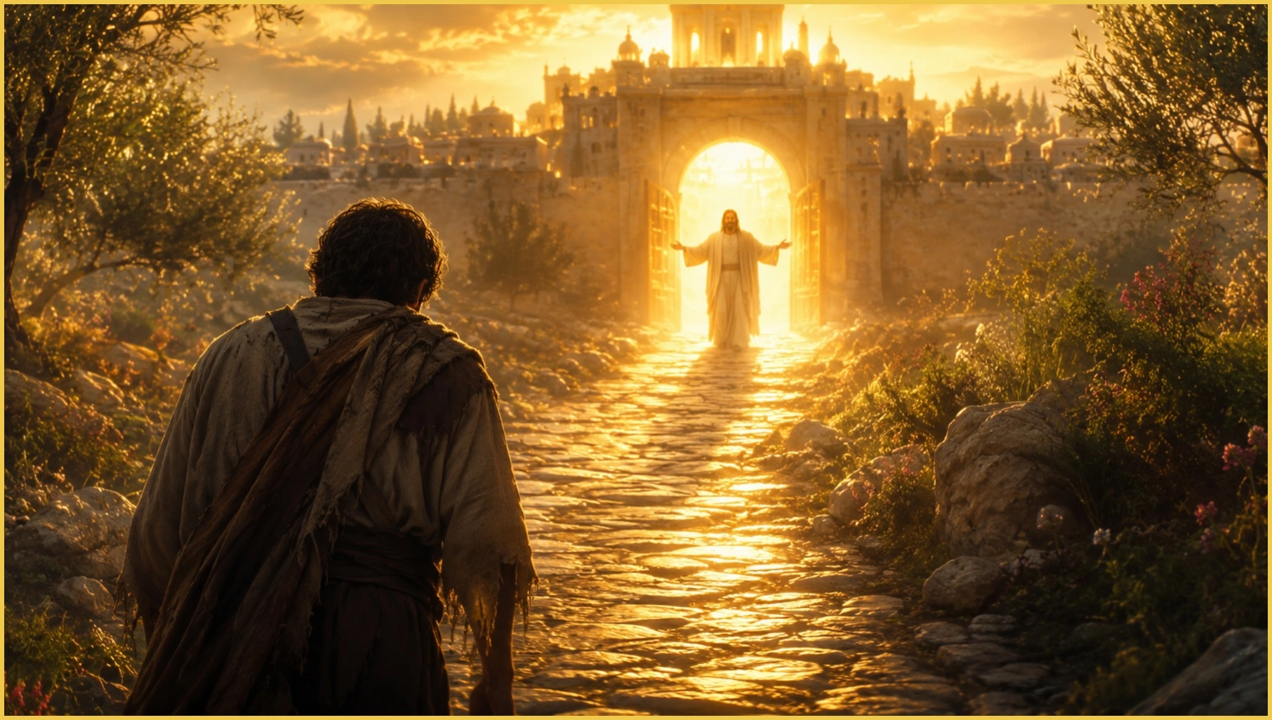 Conceptual illustration of a traveler approaching a welcoming figure in an illuminated gateway.