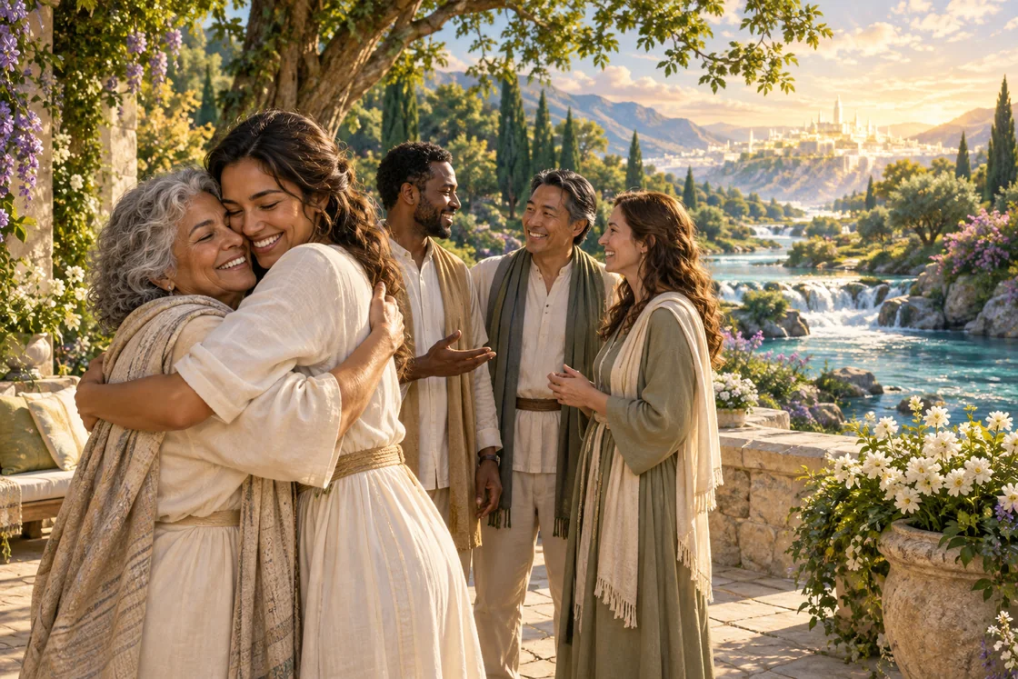 Friends and family greet one another beside a river, gardens and a distant luminous city.